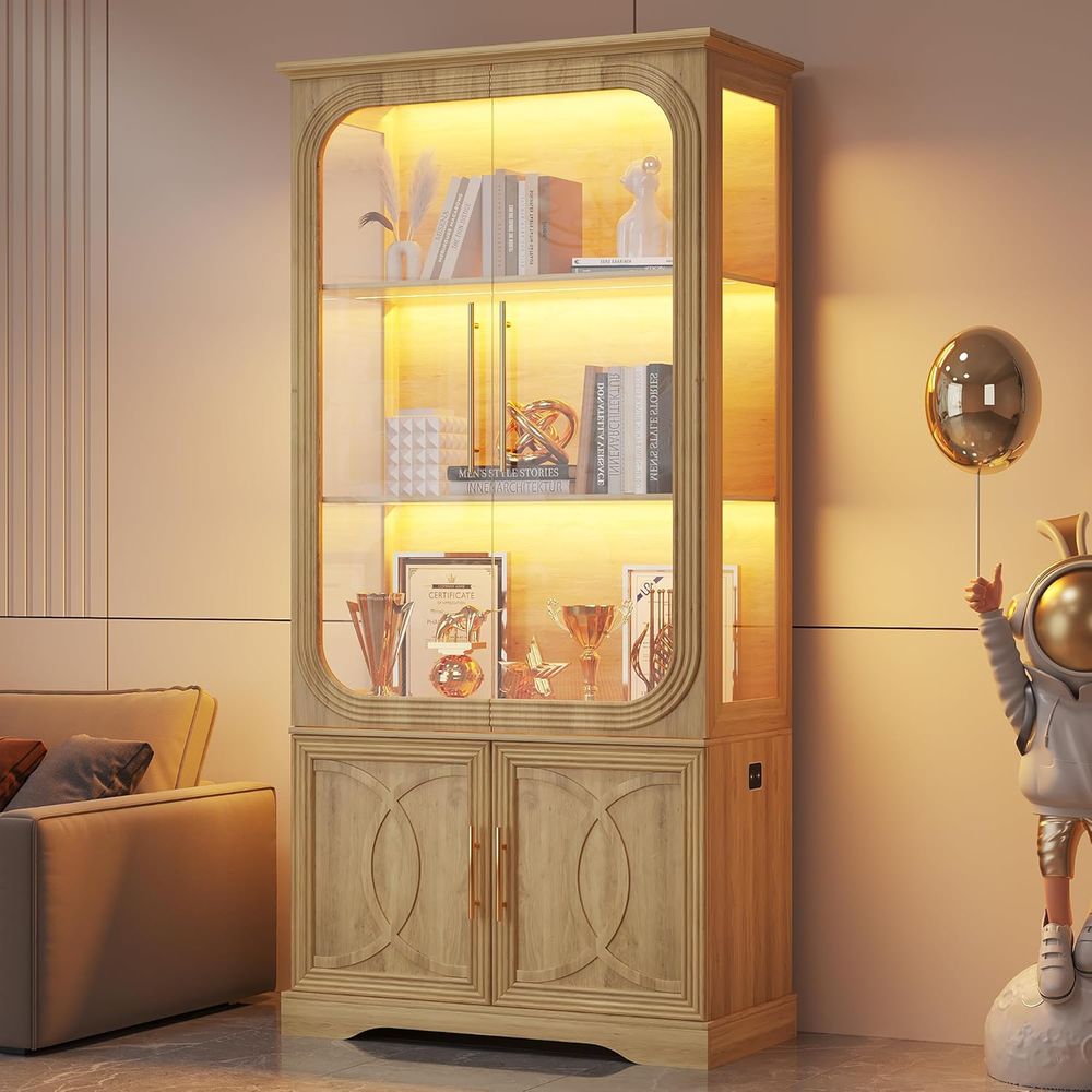 Glass Cabinet Display - 69 オーク材製 5段 LED照明付きガラスディスプレイキャビネット 人体センサー付き リビングルーム用