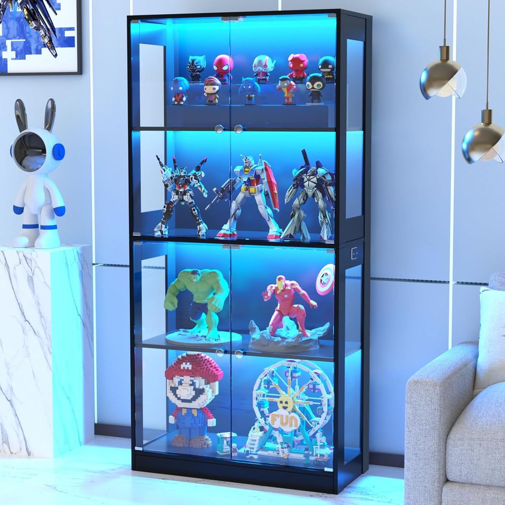 Glass Cabinet Display - 65ガラス扉ディスプレイキャビネット、センサー照明付き4段キュリオケース、リビングルームブックケース収納