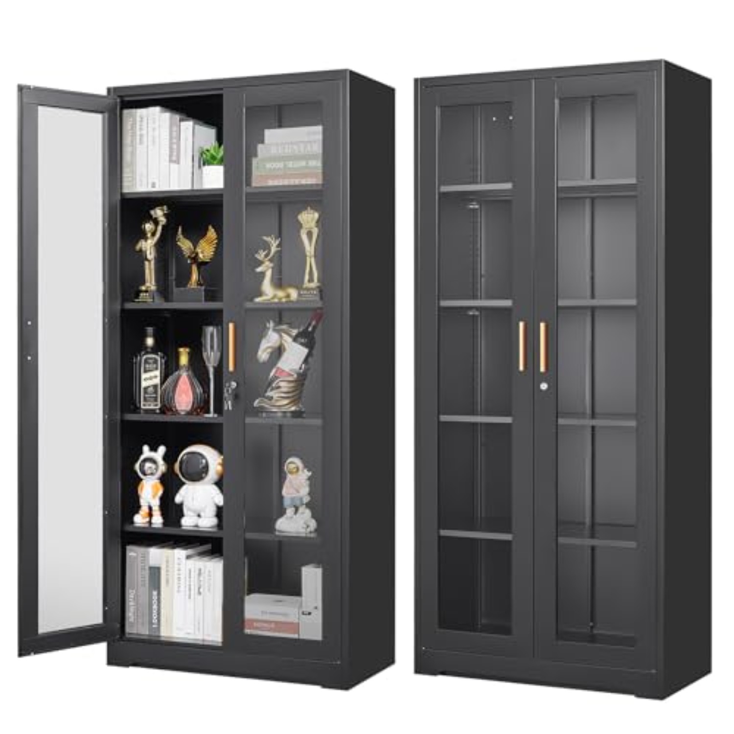 Glass Cabinet Display - 71インチ ブラックメタルガラスディスプレイキャビネット（セキュリティロック付き） | 5段キュリオケース＆強化ガラス扉、4つの調節可能な棚