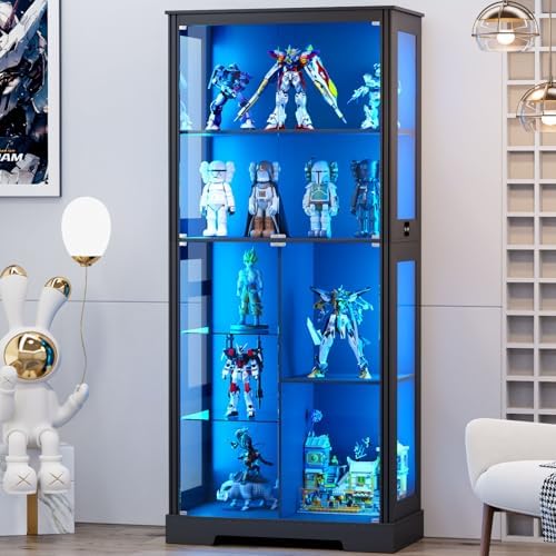 Glass Cabinet Display - 71インチディスプレイキャビネット、5段、3色ライト付き、コレクション用、ブラック | 取り外し可能なガラス棚付きキュリオキャビネット