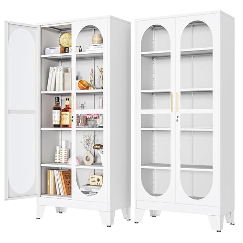 Glass Cabinet Display - 71インチ高さのガラス扉付きロック式ディスプレイキャビネット、4段調節可能な棚付きメタル製キュリオキャビネット、背の高いリキュールキャビネット