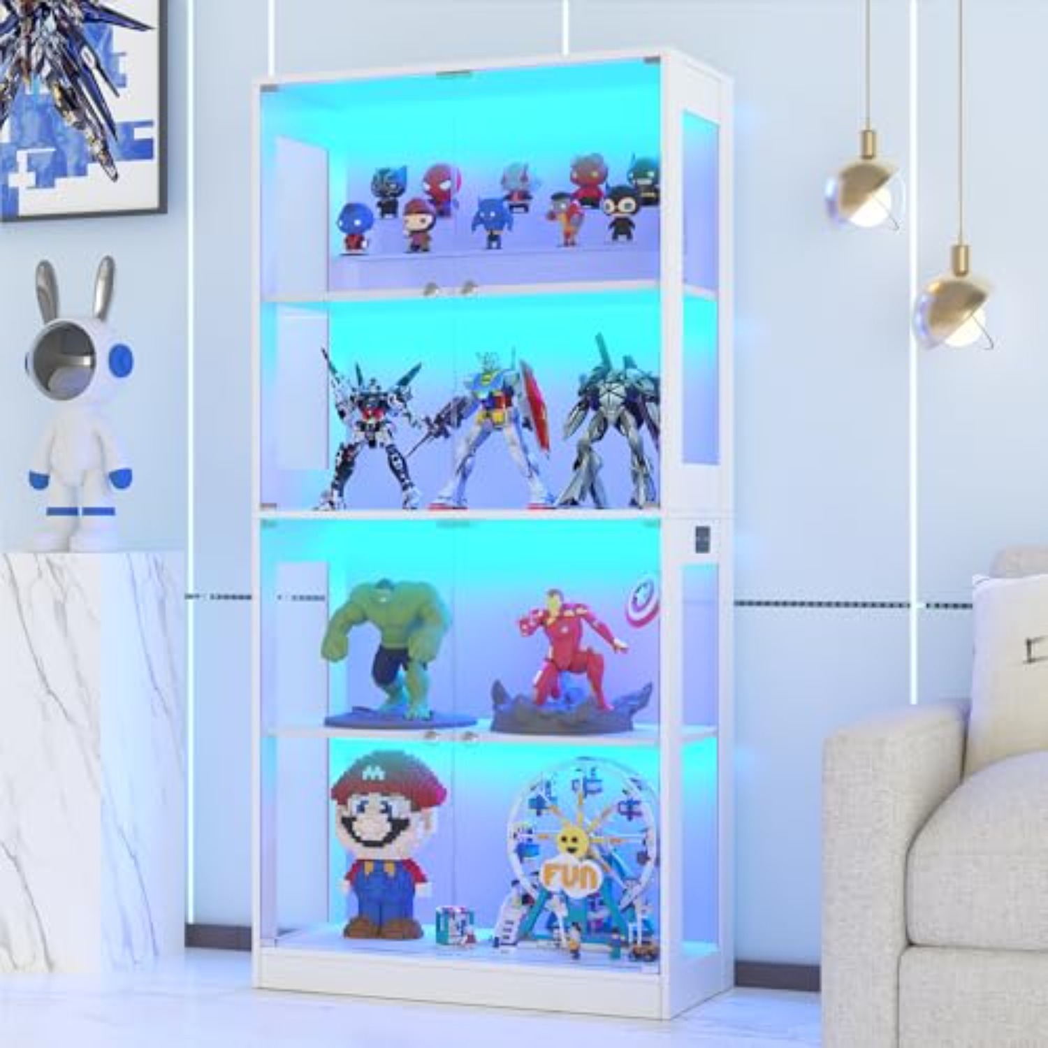 Glass Cabinet Display - 65インチガラス扉付きディスプレイキャビネット、4段ディスプレイケース | 人体センサー、3色LED照明、キュリオキャビネット用