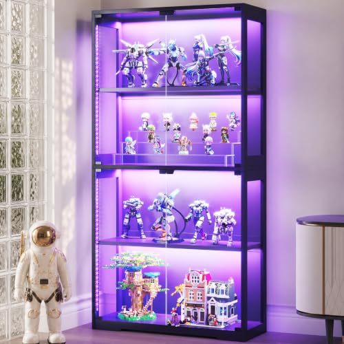 Glass Cabinet Display - ガラス扉とRGB LEDライト付きディスプレイケース、ガラス製ディスプレイキャビネット | 4段ディスプレイ棚収納キャビネット