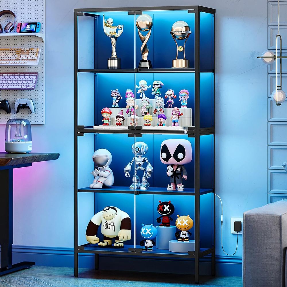 Glass Cabinet Display - 65個のLED照明付きガラスディスプレイキャビネット、コレクションや骨董品用の4段棚付き