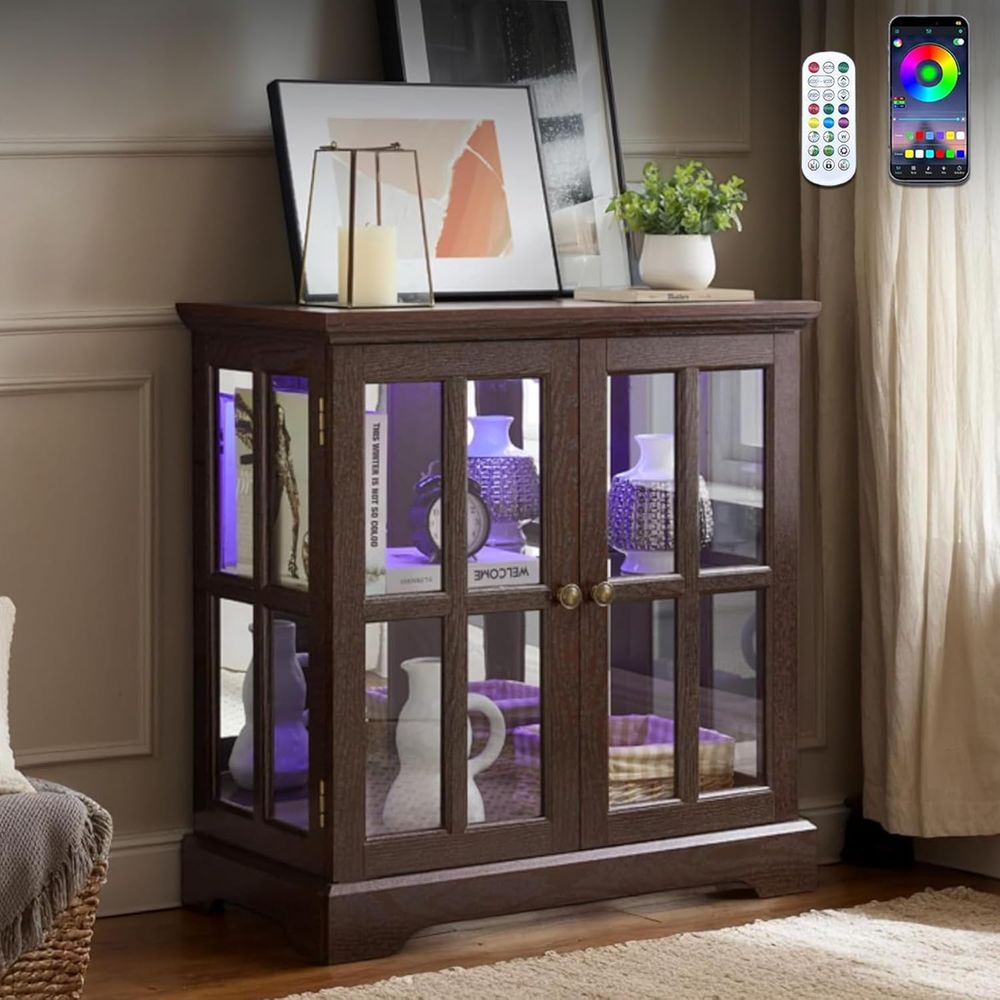 Glass Cabinet Display - 32個の高輝度LEDライト付きキュリオキャビネット、7色のカラーオプション、強化ガラスディスプレイ、コレクション用、ヴィンテージ風チェリー材のショーケース