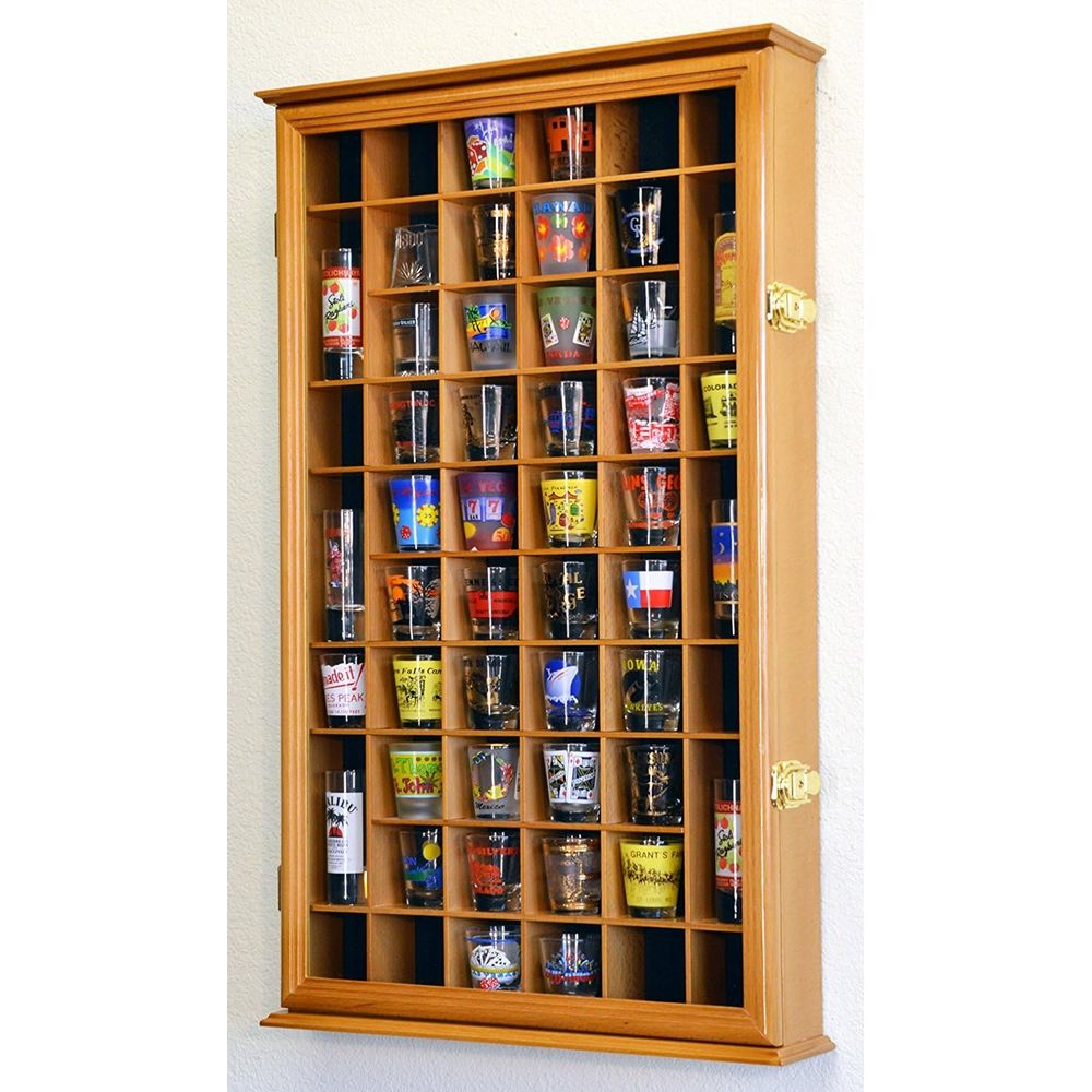 Glass Cabinet Display - 54個のショットグラス用ディスプレイケースホルダーキャビネット壁掛けラック（UV保護付き）-オーク材