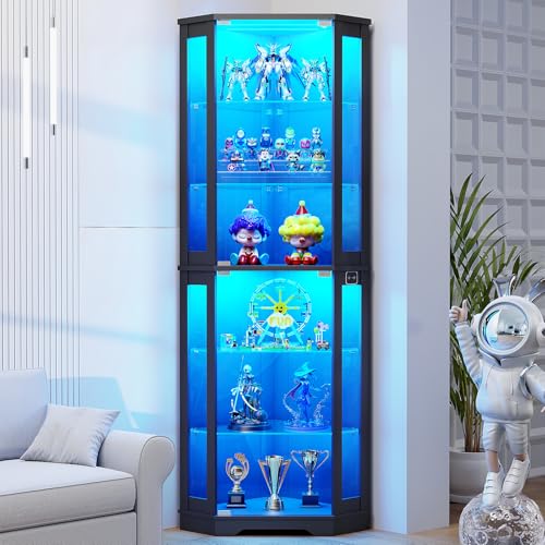 Glass Cabinet Display - 71インチの背の高いコーナーディスプレイキャビネット（LEDライトとガラス棚付き） | 6段ガラス扉付きキュリオキャビネット、人体模型付き