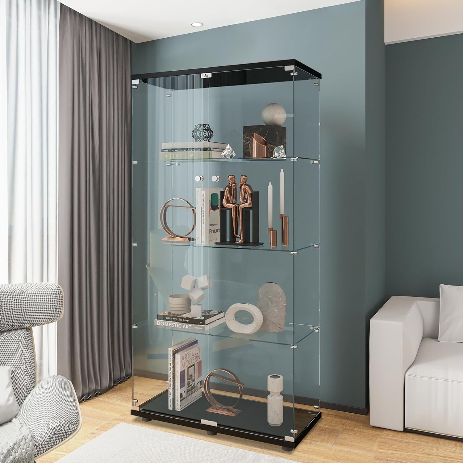 Glass Cabinet Display - ガラス製ディスプレイキャビネット、棚4段、扉2枚付き、リビングルーム、寝室、オフィス用キュリオキャビネット、床置き型、カスタマイズ可能