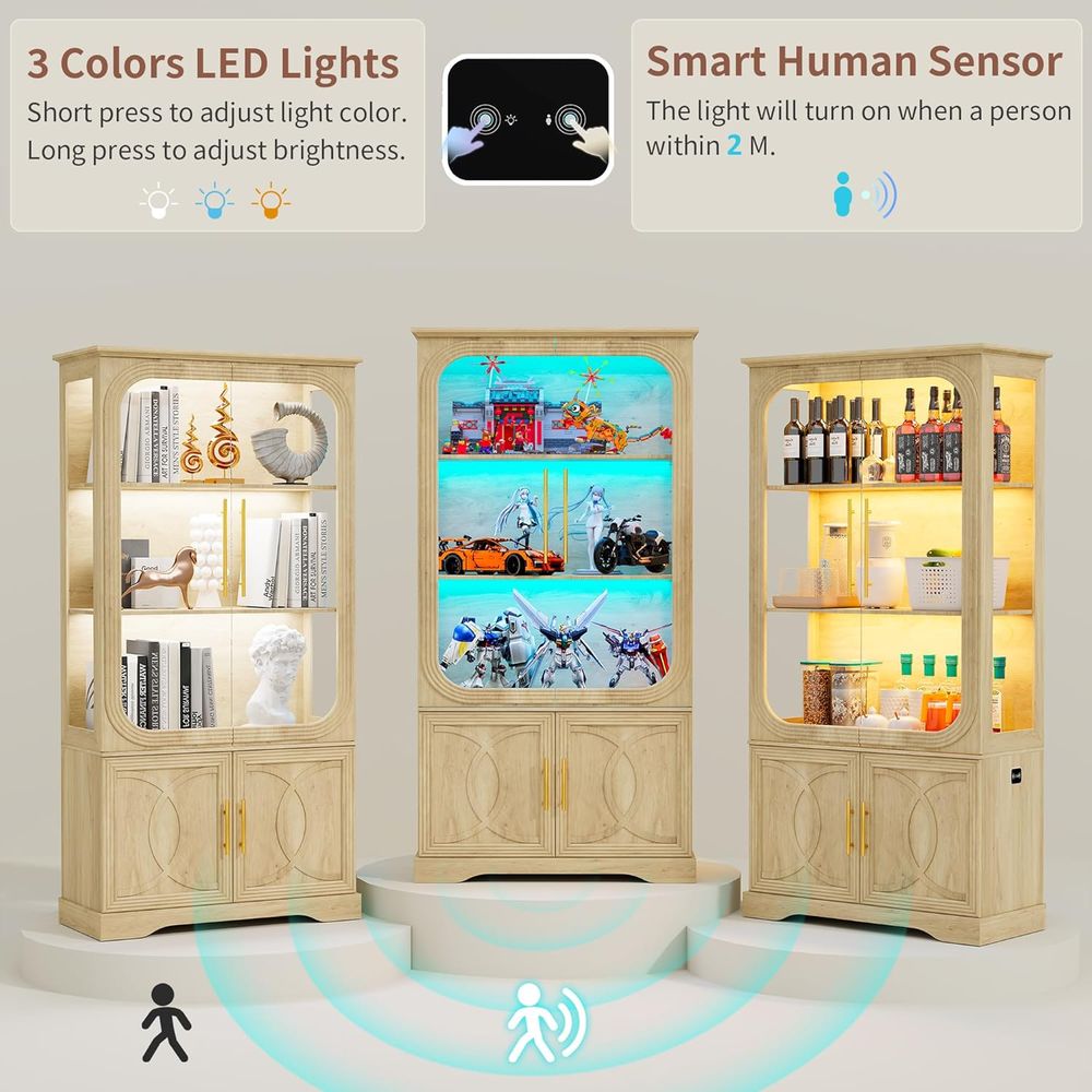 69 オーク材製 5段 LED照明付きガラスディスプレイキャ - Glass Cabinet Display のレビューと価格