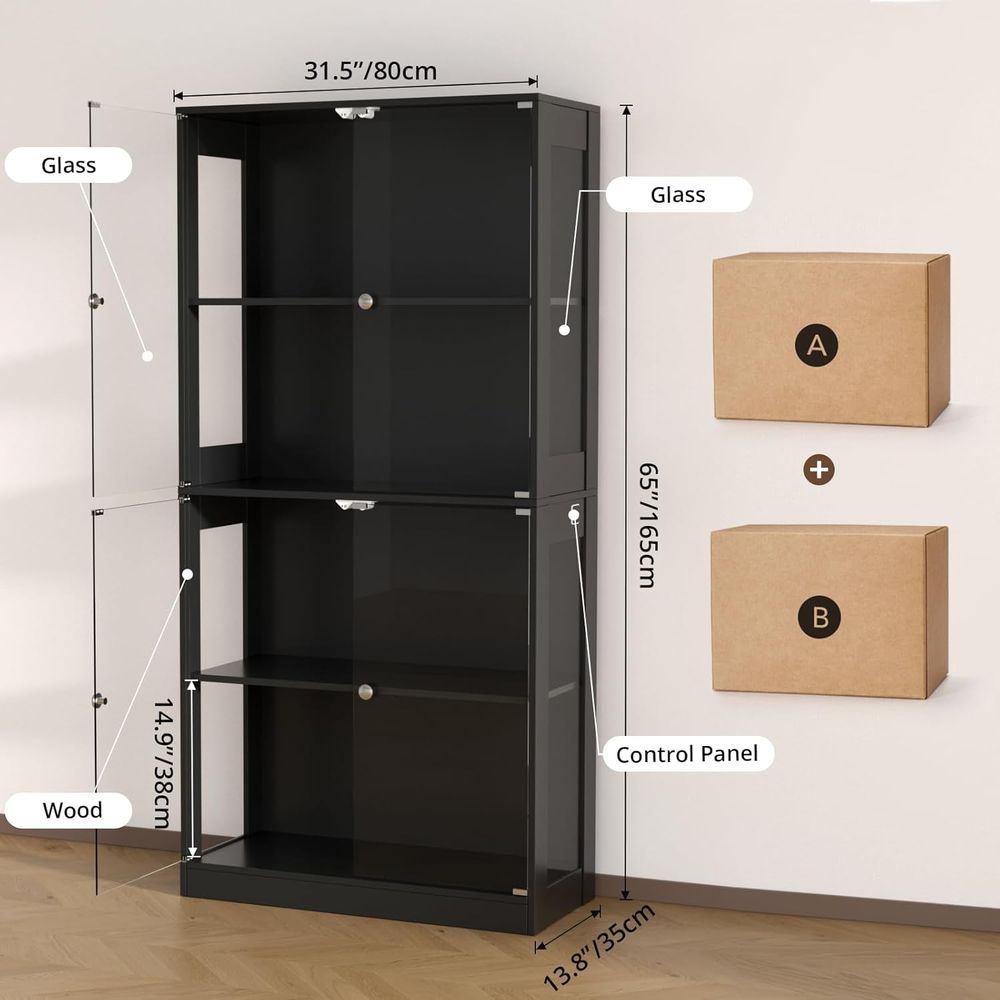 65ガラス扉ディスプレイキャビネット、センサー照明付き4段キ - Glass Cabinet Display のレビューと価格