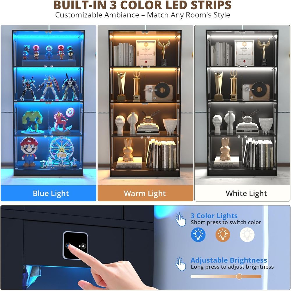 65ガラス扉ディスプレイキャビネット、センサー照明付き4段キ - Glass Cabinet Display のレビューと価格