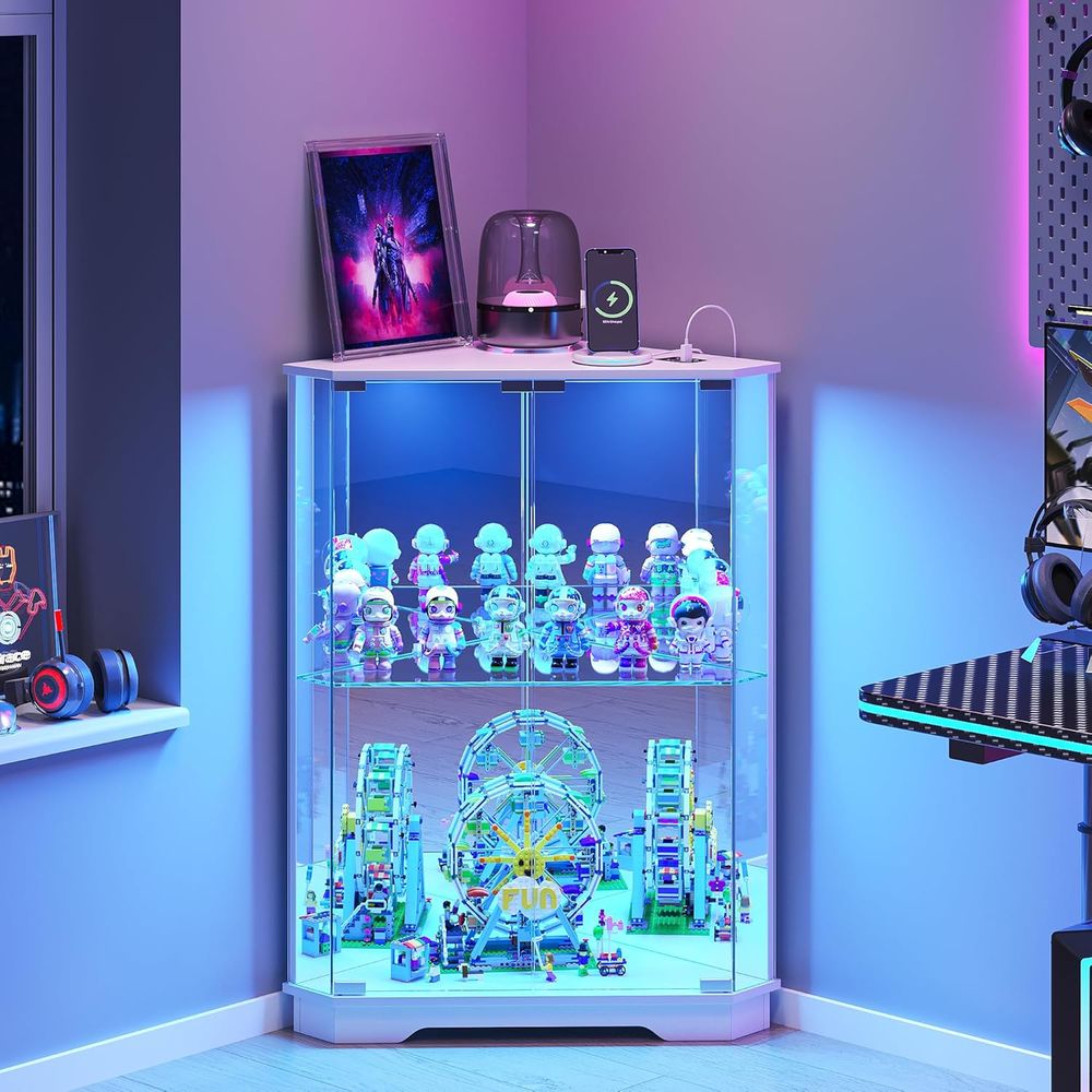2段ガラス製ディスプレイキャビネット、LEDライトと充電ステ - Glass Cabinet Display のレビューと価格