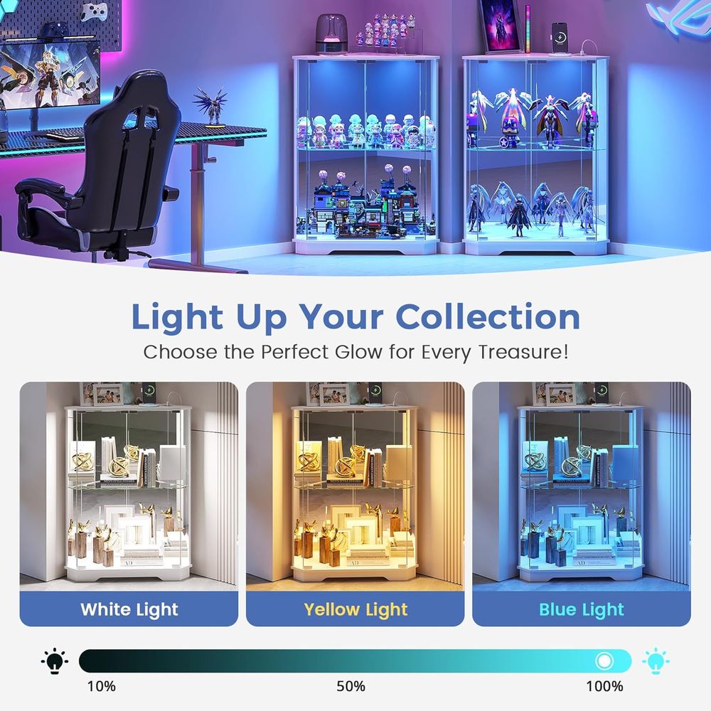 2段ガラス製ディスプレイキャビネット、LEDライトと充電ステ - Glass Cabinet Display のレビューと価格