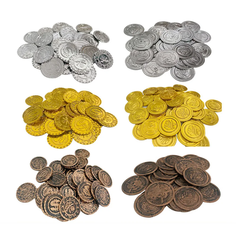 子供のためのプラスチック製の海賊ゴールドとシルバーのコイン、 - Arcade Game Coin のレビューと価格