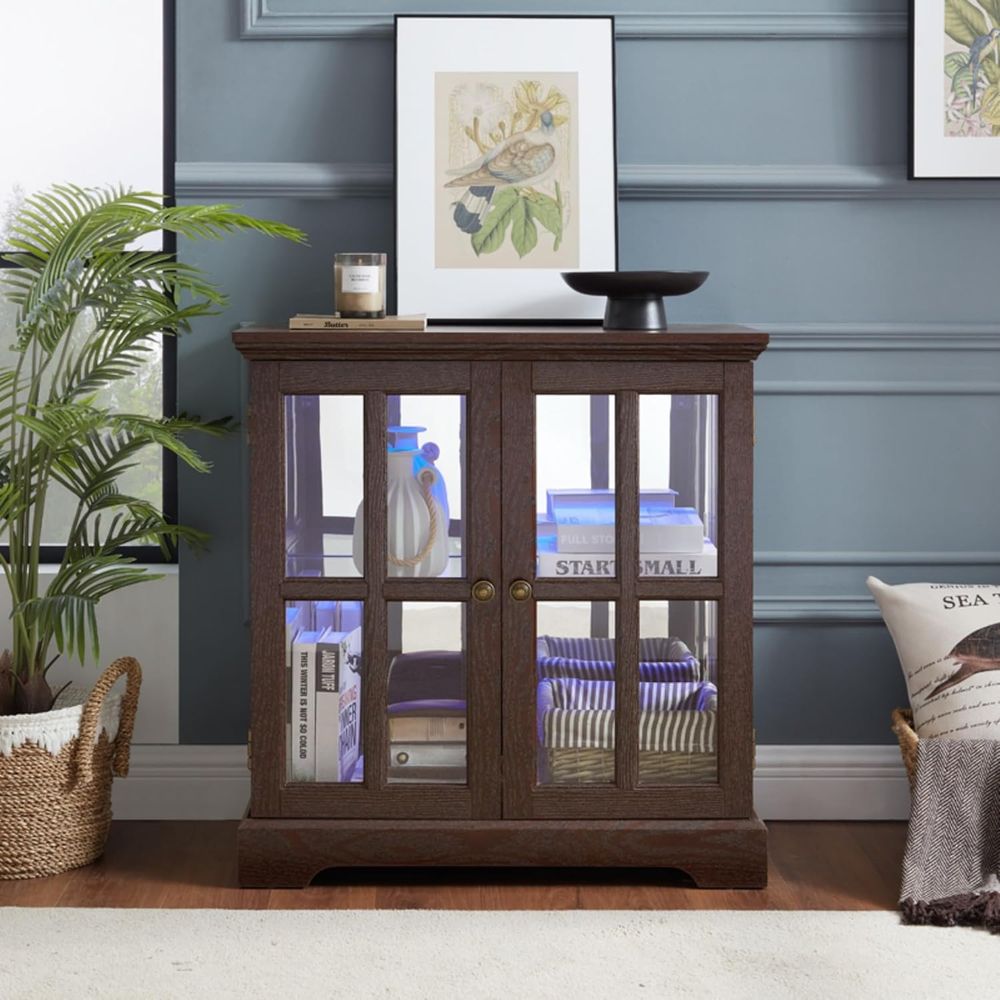 32個の高輝度LEDライト付きキュリオキャビネット、7色のカ - Glass Cabinet Display のレビューと価格