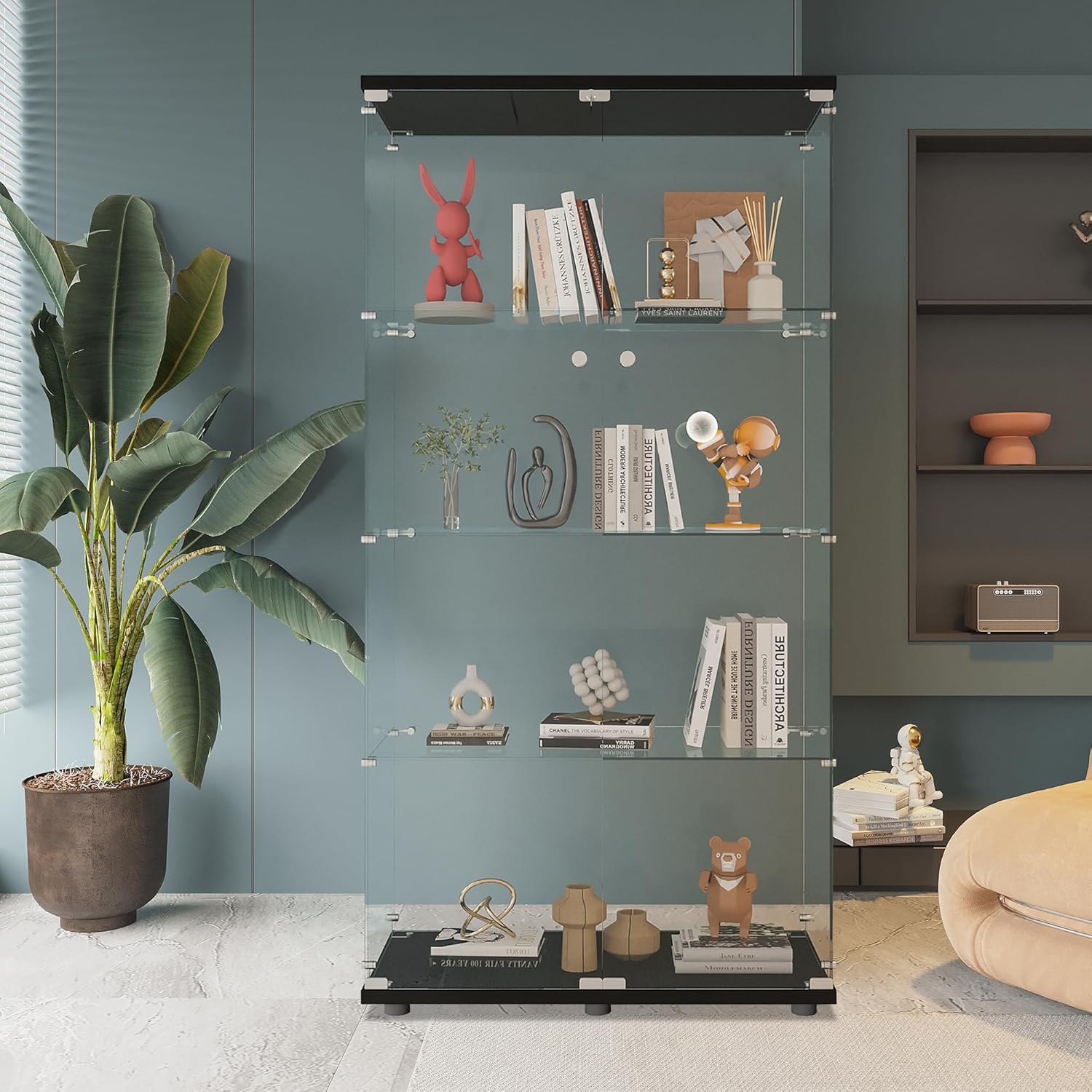 ガラス製ディスプレイキャビネット、棚4段、扉2枚付き、リビン - Glass Cabinet Display のレビューと価格
