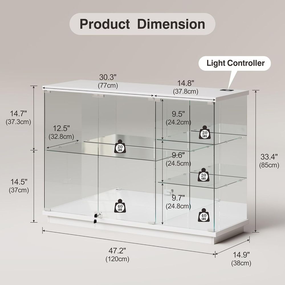 白い光沢のあるガラス製ディスプレイキャビネット（鍵とセンサー - Glass Cabinet Display のレビューと価格