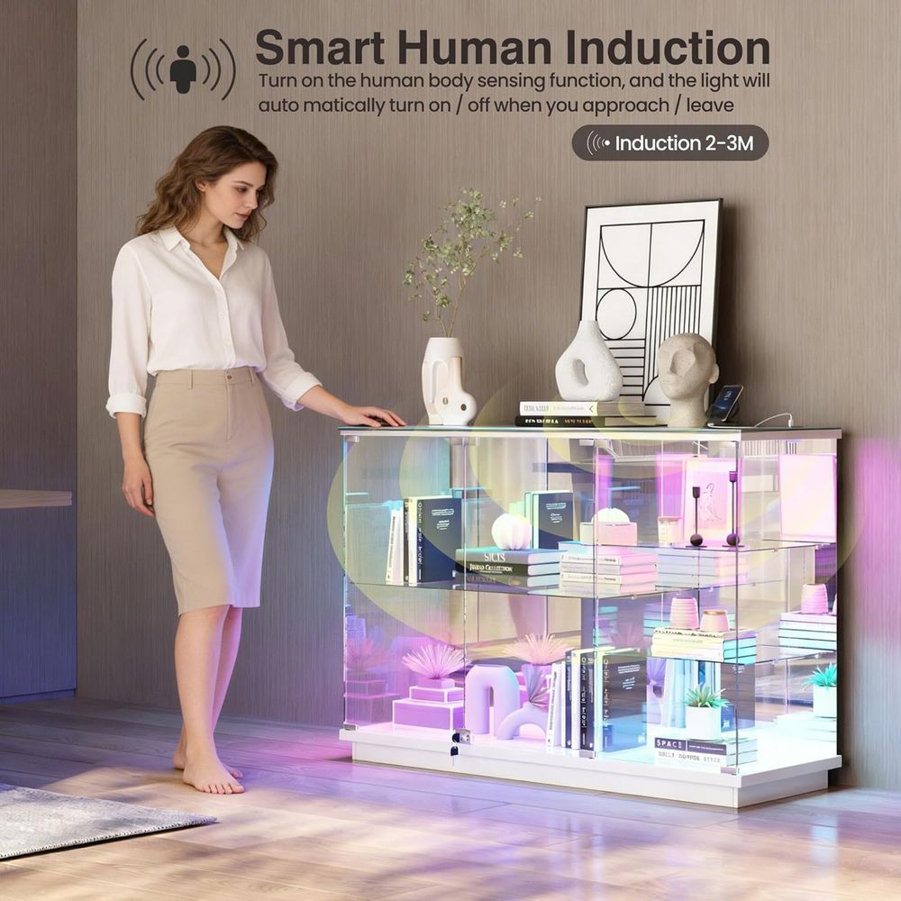 白い光沢のあるガラス製ディスプレイキャビネット（鍵とセンサー - Glass Cabinet Display のレビューと価格