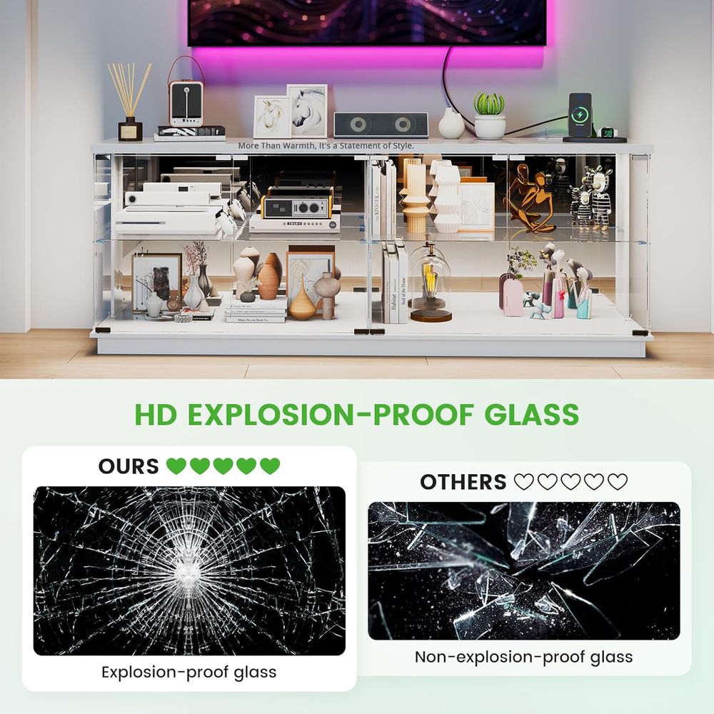 71インチガラステレビスタンド、充電ステーションとライト付き - Glass Cabinet Display のレビューと価格